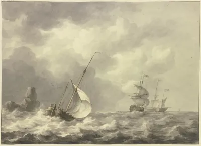 Drei Schiffe Und Boot Nach Rechts Viertes Boot Ist In Die Brandung Eines Felsens Geraten