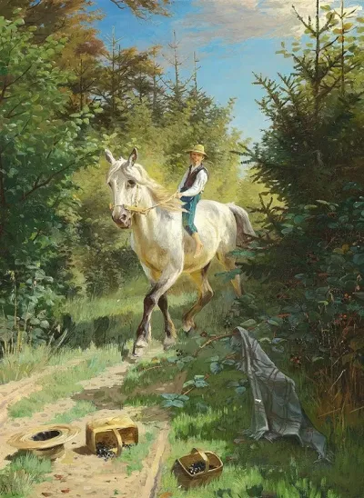 Dreng Pa En Hvid Hest I Skoven