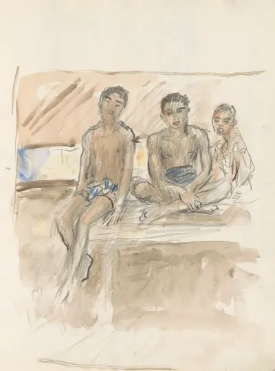 Drie Jongens In Lendendoeken Zittend Op Een Muur