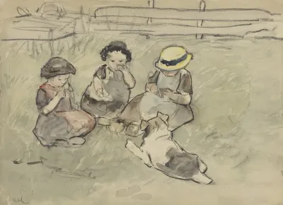 Drie Meisjes Met Een Hond Zittend In Een Weiland