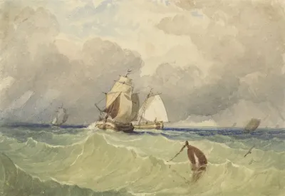 Driemasters En Tjalk Zeilend In Volle Zee
