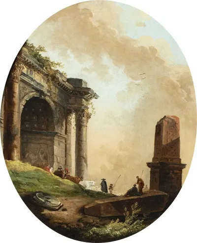 Drovers And Their Livestock Before A Ruined Arch And Obelisk
