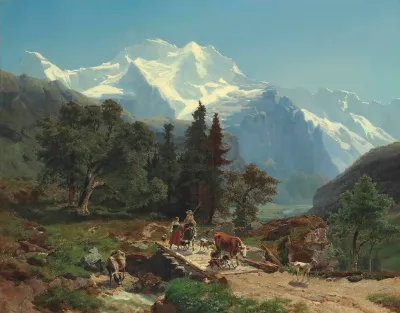Drovers On A Bridge In An Alpine Landscape