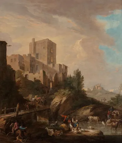Drovers Watering Their Goats And Cattle By A River With Travelers Crossing A Bridge Before A Walled Hill Town