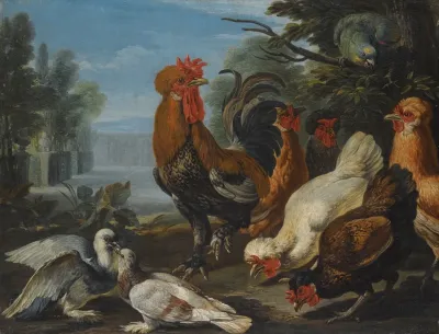 Ducks Guinea Pigs And A Rabbit In A Wooded Landscape Beside A Lake