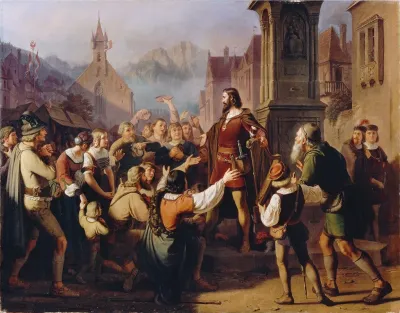 Duke Friedrich Iv Disguised As A Minstrel Reveals Himself To His Faithful Tyroleans While Fleeing Constance