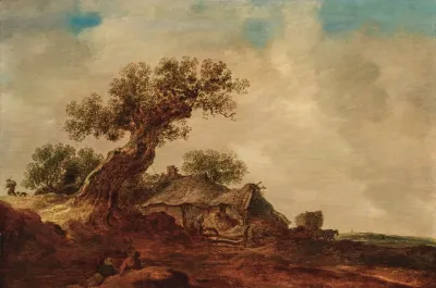 Dune Landscape With A Thatched Cottage Next To An Oak Tree A Meadow In The Background