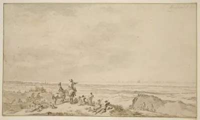 Dunenlandschaft Mit Seeschlacht In Der Ferne