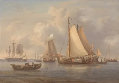Dutch Fishing Boats At Anchor In An Estuary