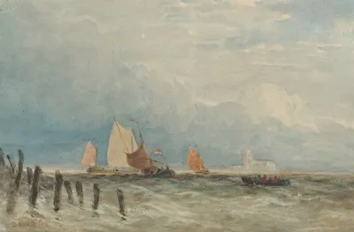 Dutch Fishing Smacks Off The Coast With Grote Kerk Dordrecht In The Distance