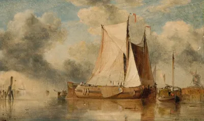 Dutch Sailing Boats On The Zuyder Zee With A Distant Windmill