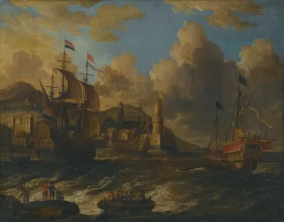 Dutch Ships At Sea Off The Coast Of A Fortified Town