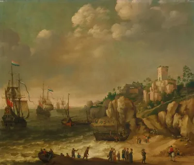Dutch Ships In Front Of A Rocky Coast With Figures Buildings Beyond