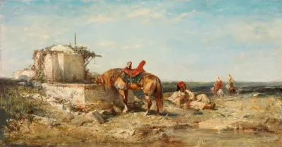 Eastern Soldiers With A Horse Drinking