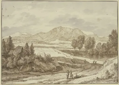 Ebene Vor Dem Gebirge Rechts Ein See Auf Dem Weg Verschiedene Figuren