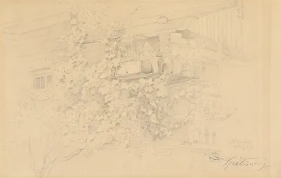 Ecke Eines Bauernhauses Mit Rankendem Weinlaub Und Blumentopfen