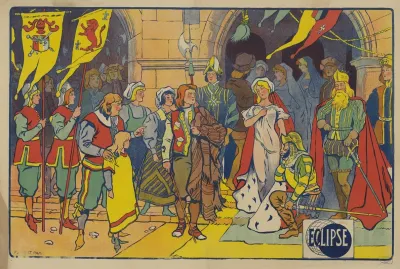 Eclipse Scene Au Moyen Age Une Femme En Robe Blanche Et Cape Rouge Chevalier Agenouille