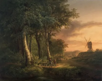 Edge Of A Wood With Hunters And A Windmill