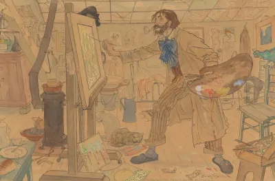 Een Enigszins Karikaturaal Weergegeven Schilder Wsch Jan Sluyters Werkend In Zijn Atelier Aan Een Luministisch Landschap
