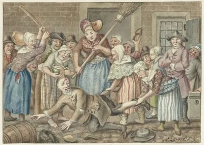 Een Man Die Zijn Vrouw Had Geslagen Wordt In De Vinkestraat Te Amsterdam Door Een Groep Vrouwen Bestraft 1768