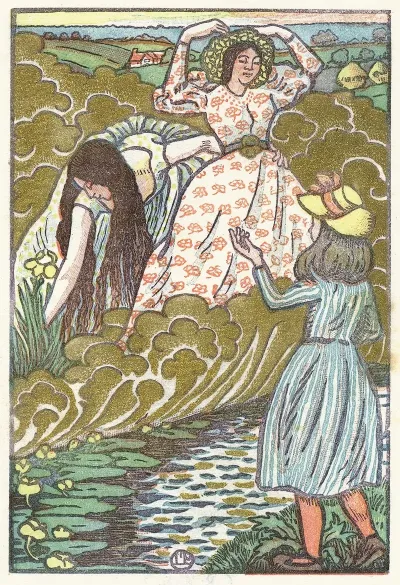Een Meisje En Twee Vrouwen Bij Een Beek