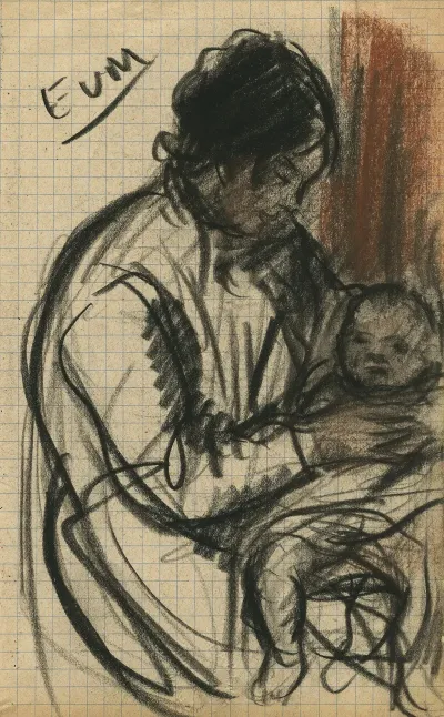 Een Moeder Met Een Kind Op Haar Schoot Haar Linker Arm Is Afgebeeld De Vrouw In Profiel En De Baby In Vooraanzicht
