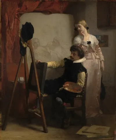 Een Schilder Voor Zijn Ezel Toont Een Schilderij Aan Een Meisje