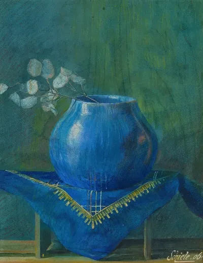 %ef%bb%bfstillleben Eines Silberblattes In Blauer Vase Still Life Of A Moneyplant Branch In Blue Vase