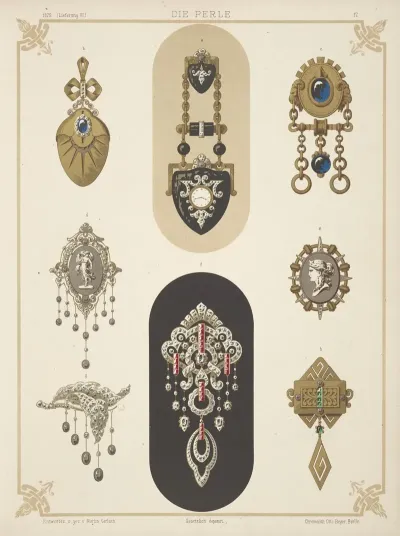 Eight Designs For Jewelry Including Black And Gold Brooch With Tiny Watch