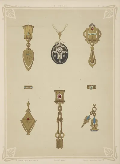 Eight Designs For Jewelry Including Black Pendant With Diamonds