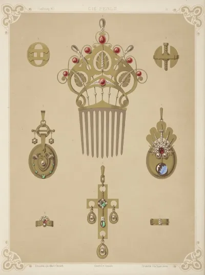 Eight Designs For Jewelry Including Gold Comb With Red And Gray Pearls