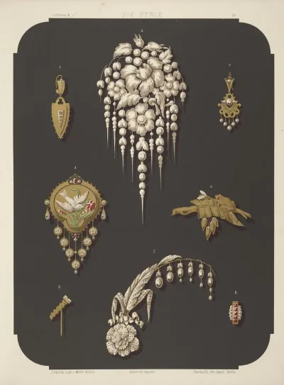 Eight Designs For Jewelry Including Large Pin With Pearls And Flowers