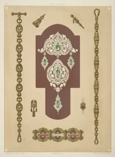 Eight Designs For Jewelry Including Pins With Diamonds And Green Stones