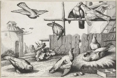 Eight Pigeons In A Farmyard Near A Coup A Dovecote In The Background