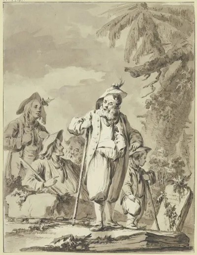 Ein Alter Bauer Mit Drei Begleitern Und Einem Knaben Bei Einem Gedenkstein