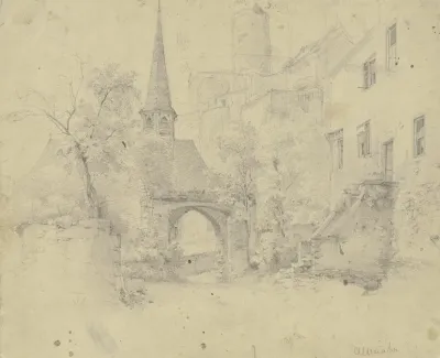 Ein Altes Tor Dahinter Eine Kirche Rechts Ein Haus Mit Hoher Treppe Daruber Ein Altes Schloss