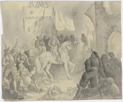 Ein Bartiger Herrscher Mit Gefolge Reitet Nachtens Auf Eine Ruinose Burg Zu
