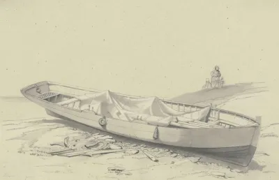Ein Boot Auf Dem Strande Liegend In Der Ferne Drei Figuren