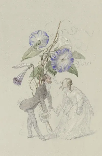 Ein Bouquet Von Blauen Winden Darunter Ein Sich Voreinander Verbeugendes Paar