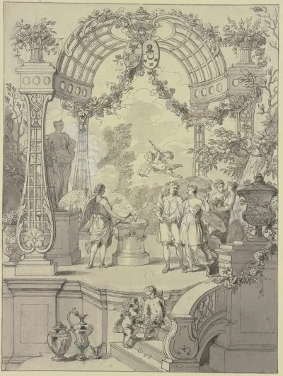 Ein Brautpaar Mit Hymen An Einem Altar Stehend Amor Schwebt Uber Ihnen Mit Reicher Architektur