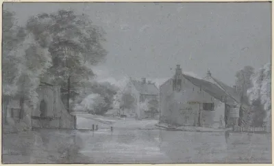 Ein Dorf Mit Baumgruppen An Einem Fluss