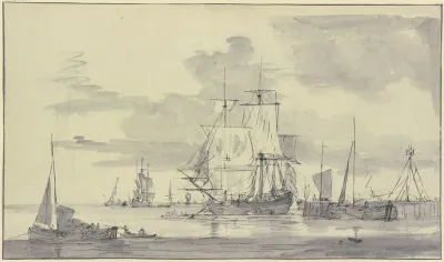 Ein Dreimaster Mit Aufgezogenen Segeln Liegt An Einem Damm
