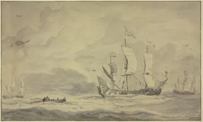 Ein Dreimaster Nach Rechts Segelnd Dahinter Ein Ruderboot