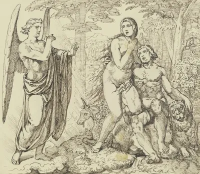 Ein Engel Uberbringt Adam Und Eva Gottes Verbot Vom Baum Der Erkenntnis Des Guten Und Bosen Zu Essen