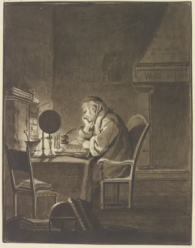 Ein Gelehrter Am Tisch Sitzend Bei Lampenlicht Lesend