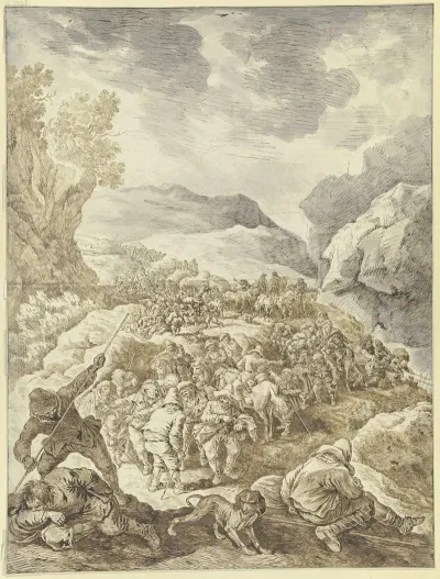Ein Groser Zug Von Mannern Zu Fus Und Zu Pferde Durch Eine Felsschlucht