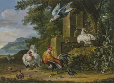 Ein Hahn Und Zwei Hennen Mit Ihren Jungen Von Einem Raubvogel Uberfallen