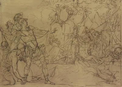 Ein Junger Krieger Ist Im Begriff Ein Lager Anzugreifen Minerva Verwehrt Es Ihm Sie Ist Umgeben Von Wappen Tragenden Nymphen Und Amoretten