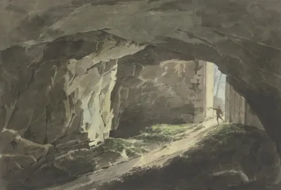 Ein Maler Lauft Mit Seinem Zeichenbrett In Eine Mit Einem Gewaltigen Tor Verschliesbare Felshohle