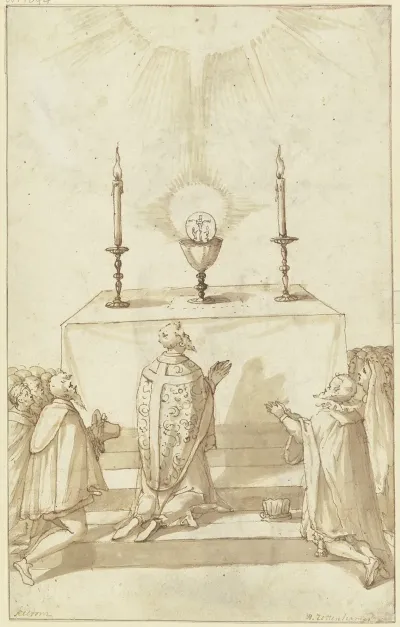 Ein Priester Und Seine Gemeinde In Der Anbetung Der Transsubstantiation